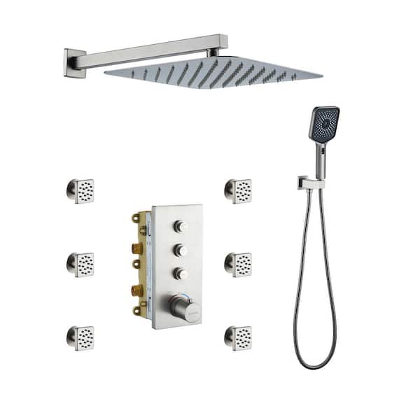 CASAINC Luxury Thermostatic 3-Spray Patterns 12 in. Flush Wall Mount Rainfall Dual Shower Heads with 6-Jets in Brushed Nickel