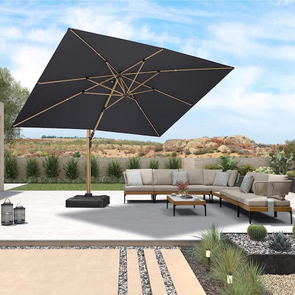 PURPLE LEAF 10 ft. x 13 ft. Outdoor Cantilever Patio Umbrella Teak Finished Offset 360° Rotation Umbrella with Base, Gray