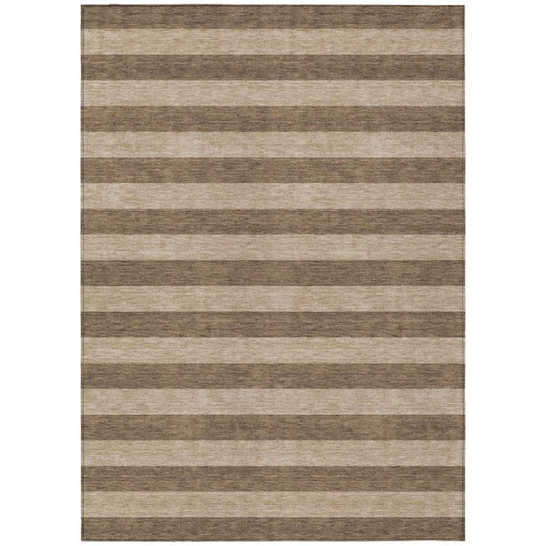 Coffee 8 ft. x 10 ft. Woven Striped Polyester Rectangle Indoor/Outdoor Area Rug