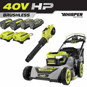 40V HP Brushless Whisper Series 21 in. Walk Behind Self-Propelled All Wheel Drive Mower, Blower, (4) Batteries, Chargers