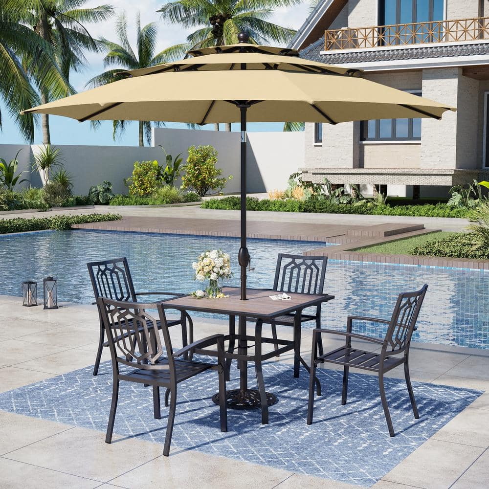 Black 6-Piece Metal Square Patio Outdoor Dining Set with Wood-Look Table, Umbrella and Fashion Stackable Chairs -  PHI VILLA, THD-S5-504