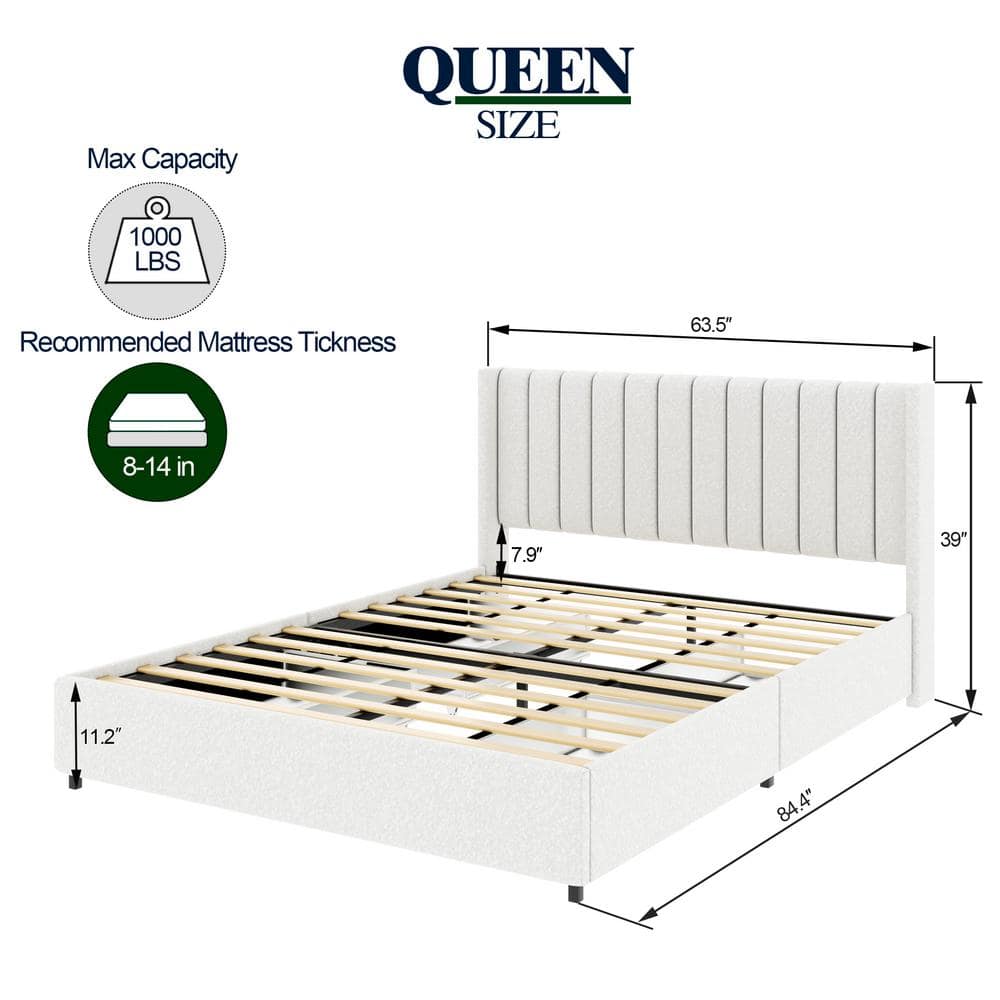 Ivory Boucle Upholstered Queen Platform Bed with Metal Frame and 4 Storage Drawers