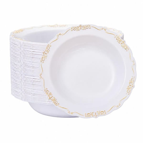 12 fl. oz. Plastic Tableware Bowls Set, Disposable Soup Bowls with Gold Relief for Parties Holidays Catering (Set of 30)