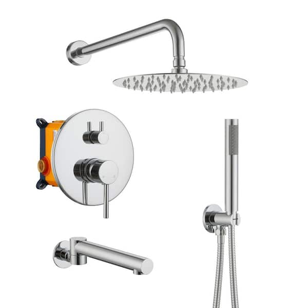 Dimakai 3-Spray 10 in. Round Wall Mounted Fixed and Handheld Shower Head 1.8 GPM in Chrome