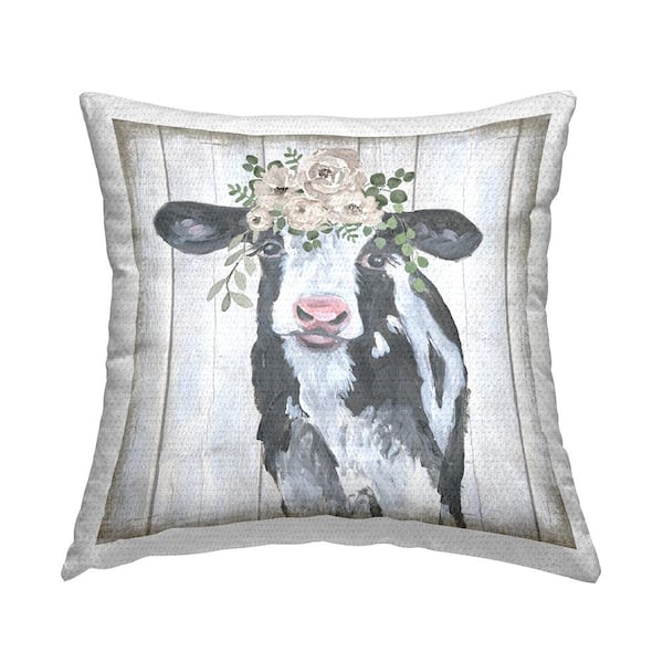 Stupell Industries Rustic Cow with Flowers Grey Square Outdoor Throw Pillow
