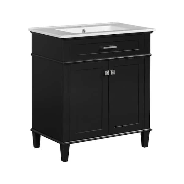stufurhome Art 30 in. W x 18 in. D x 34 in. H Single Sink Bathroom Vanity in Black with White Ceramic Top