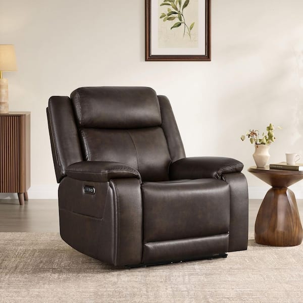 Reynolds Brown Leather Zero Wall Recliner with Power Headrest,Built-in USB & Type-C Ports,Side Pocket for Small Space