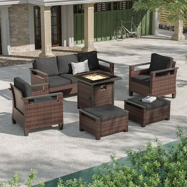 6-Pieces Patio Sofa with Square Fire Table Set Wide Armrests High Back Sofa Chair Design Brown Wicker Black Cushion