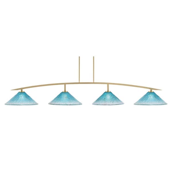 Siena 4-Light New Age Brass Billiard Light with 16 in. Teal Crystal Glass Shades, no bulbs included