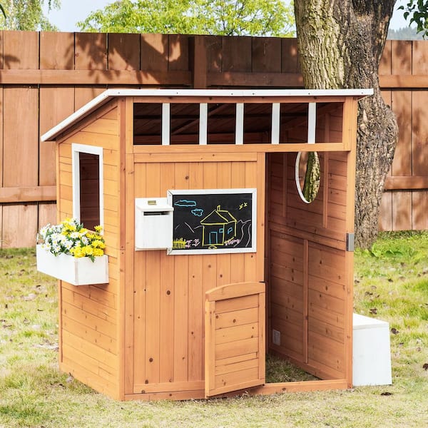 Yellow Wood Outdoor Playhouse with Working Door, Windows, Mailbox
