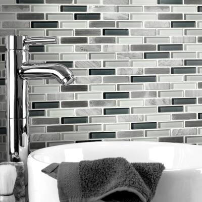 Helsinki Blue 3.93in.x4.33in. Brick Joint Polished/Brushed Marble Glass Metal Mosaic Wall Tile Sample (0.11 sq.ft./Ea)