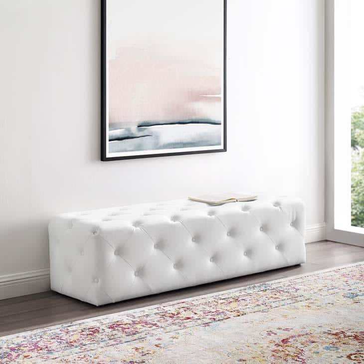 Luxurious White Vegan Leather 60" Tufted Entryway Bench