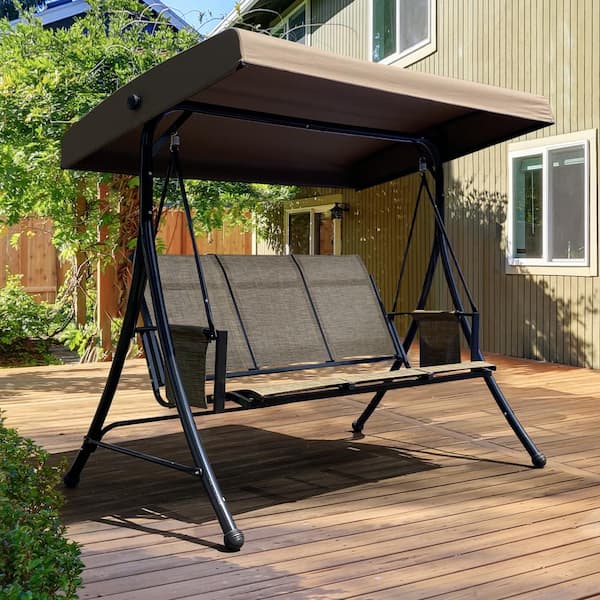 AUTMOON 3-Person Metal Luxury Outdoor Patio Swing Chair With Side Bags, Canopy Adjustable