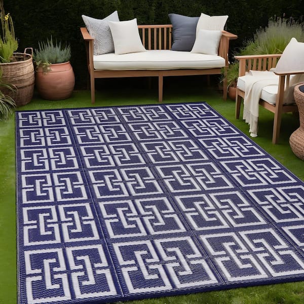 5 X 8 Navy Lightweight Greek Keys Reversible Plastic Indoor Outdoor Area Rug