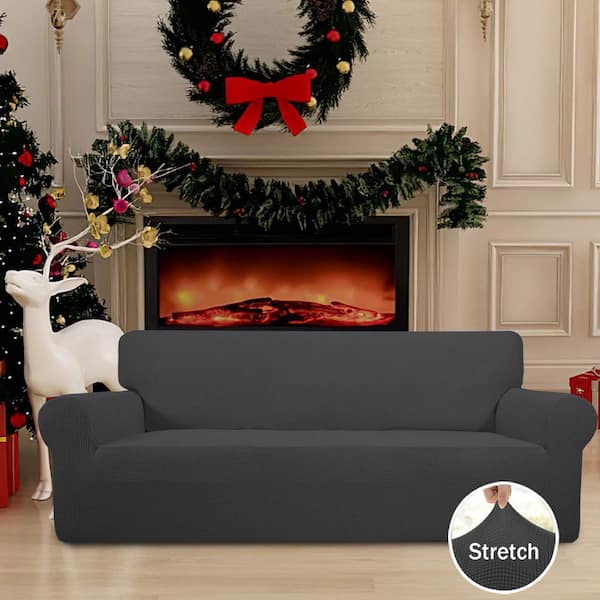 Dark Gray Polyester Stretch Sofa Slipcover with Elastic Bottom for Kids, Polyester Spandex Jacquard Fabric Small Checks