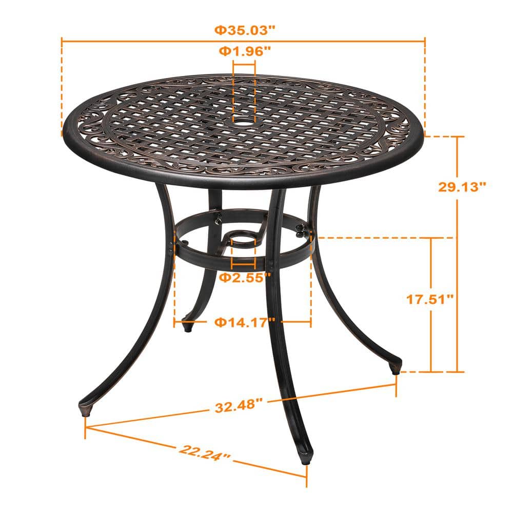 Bronze Round Cast Aluminum Patio Bistro Table with Umbrella Hole