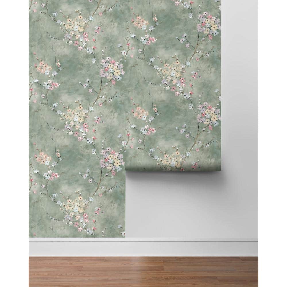 Green Smoke Floral Blossom Peel and Stick Wallpaper Roll