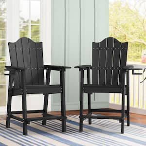 Felder Black Recycled Ply Weather Resistant Tall Plastic Adirondack Outdoor Bar Stool With Cup Holder For Pool(2-Pack)