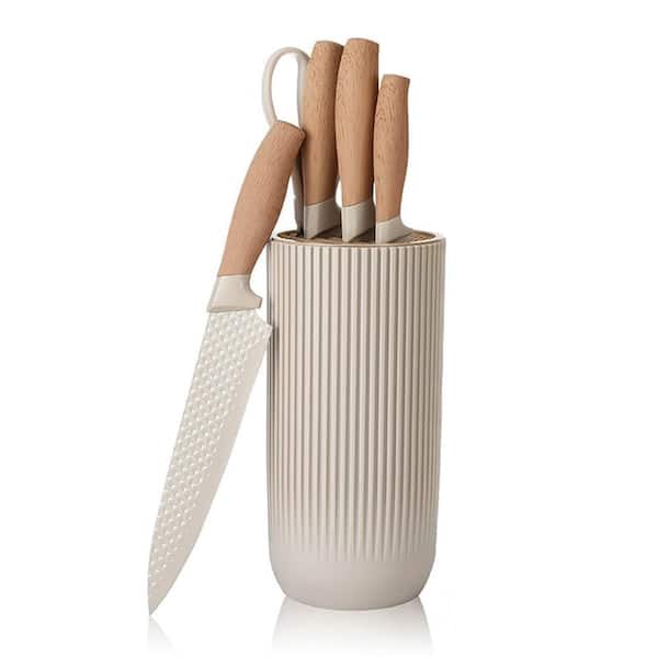 Numhew 6-Piece Anti-Rust Non-stick Stainless Steel Kitchen Knife Set with Knife Block, Khaki