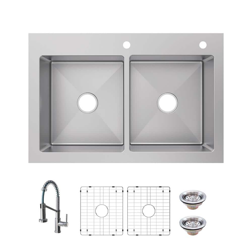 Tight Radius 33 in. Drop-In 50/50 Double Bowl 18 Gauge Stainless Steel Kitchen Sink with Spring Neck Faucet price history on PriceWatchPro