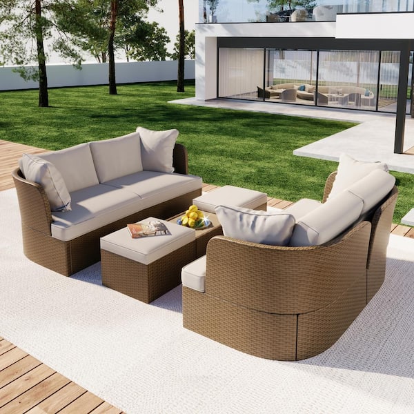 Sudzendf 5-Piece Wicker Patio Conversation Set with Removable Beige Cushions with Central Coffee Table