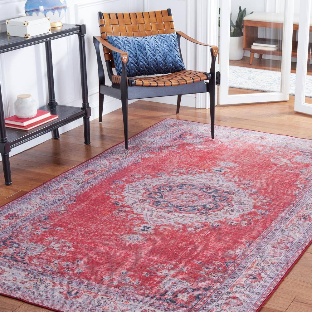 Red and Beige Traditional Washable Synthetic Area Rug, 3' x 5'