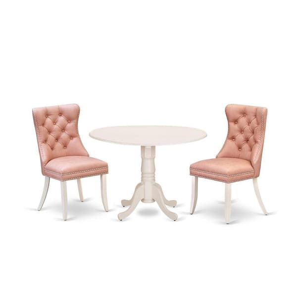 East West Furniture 3-Piece Linen white Solid Wood Top-Round Upholstered Dining Room Set with Dropleaf-Seats 4