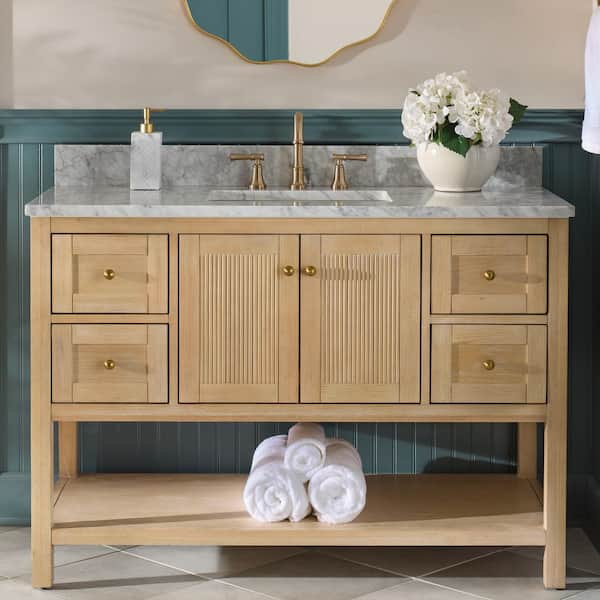 Arcott 49 in. Single Sink Fluted Natural Wood Bath Vanity with White Carrara Marble Top (Assembled)