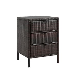 Brown Wicker Outdoor Side Table Rattan Patio Organizer Storage Cabinet with 3 Large Drawers