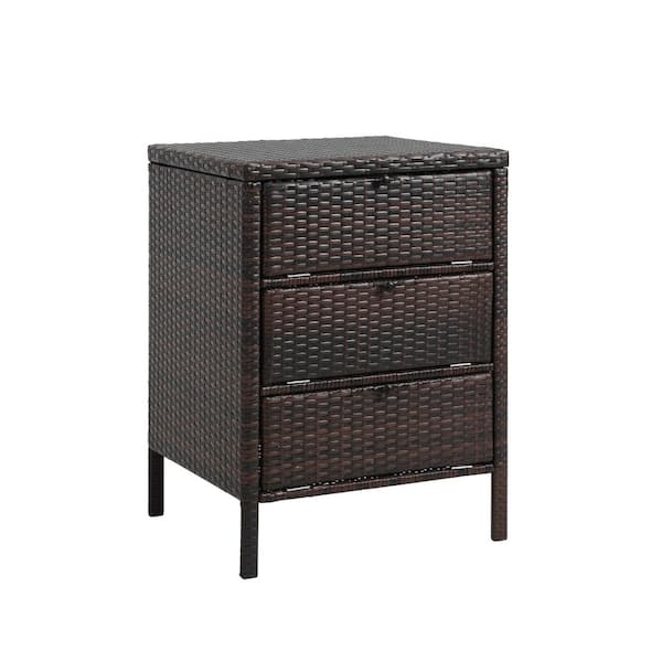 HOMEFUN Brown Wicker Outdoor Side Table Rattan Patio Organizer Storage Cabinet with 3 Large Drawers