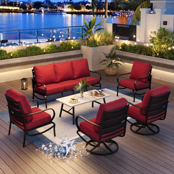 PHI VILLA Metal Slatted 7-Seat 6-Piece Outdoor Patio Conversation Set with Red Cushions Table with Marble Pattern Top
