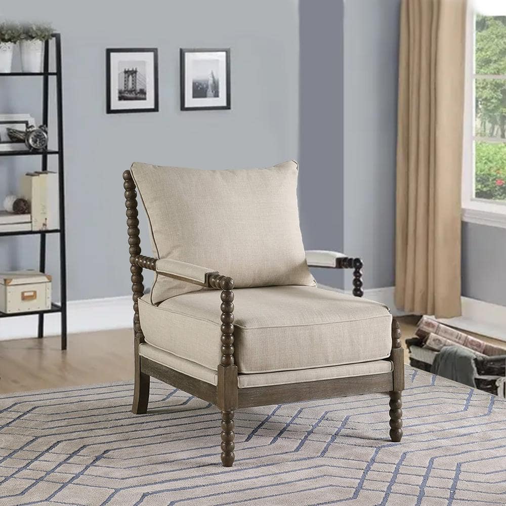 Beige and Brown Wood Spindle Accent Chair