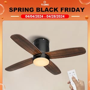 36 in. Smart Indoor LED Dimmable Wood Low Profile Flush Mount Ceiling Fan with Light Kit and Remote Control App Control