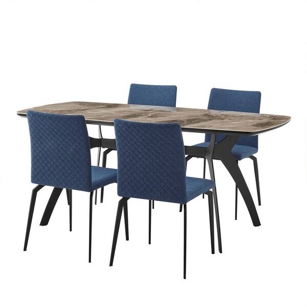 Armen Living Andes and Lyon 5-Piece Blue Fabric Rectangular Dining Set