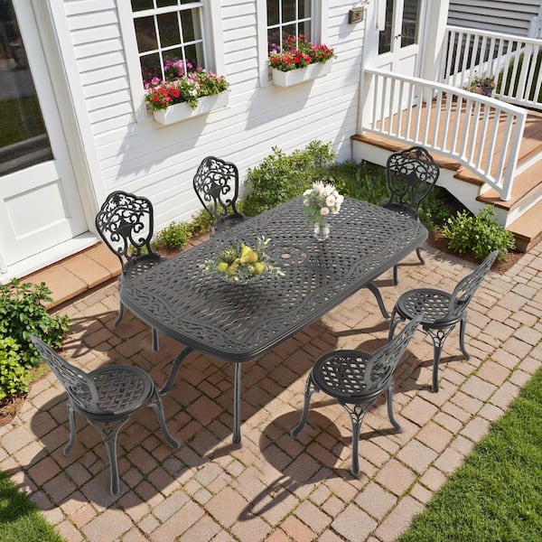 Willit Black 7-Piece of Cast Aluminum Outdoor Patio Dining Set with 72.44 in. x 35.43 in. Rectangular Table and Armless Chairs