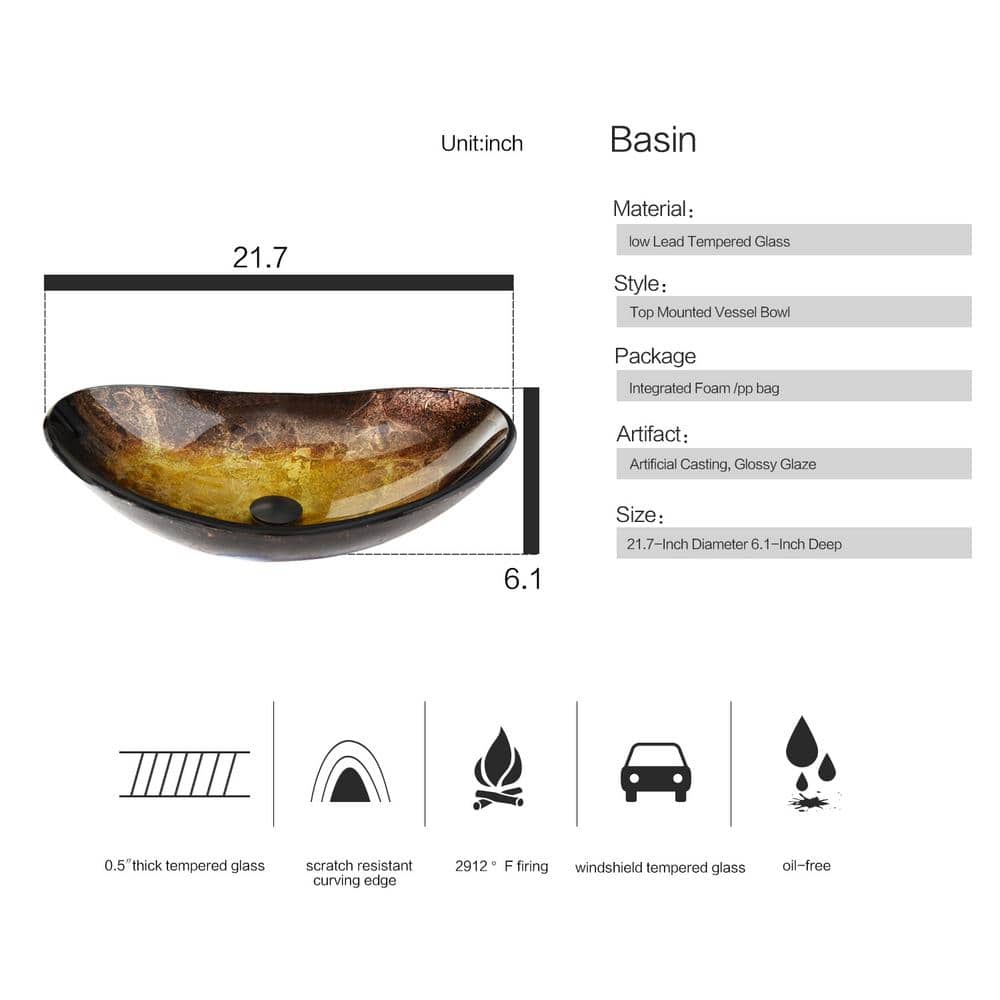 Yellow and Black Glass Oval Vessel Sink with Faucet and Drain