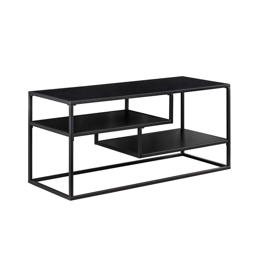 40 in. Solid Black Wood and Metal Modern Open-Storage TV Stand for TVs up 43 in.