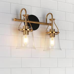 Modern 14 in. 2-Light Black and Brass Vanity Light with Bell Seeded Glass Shades