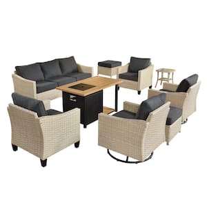 Oconee 9-Piece Wicker Patio Conversation Sofa Set with Swivel Rocking Chairs, a Storage Fire Pit and Black Cushions