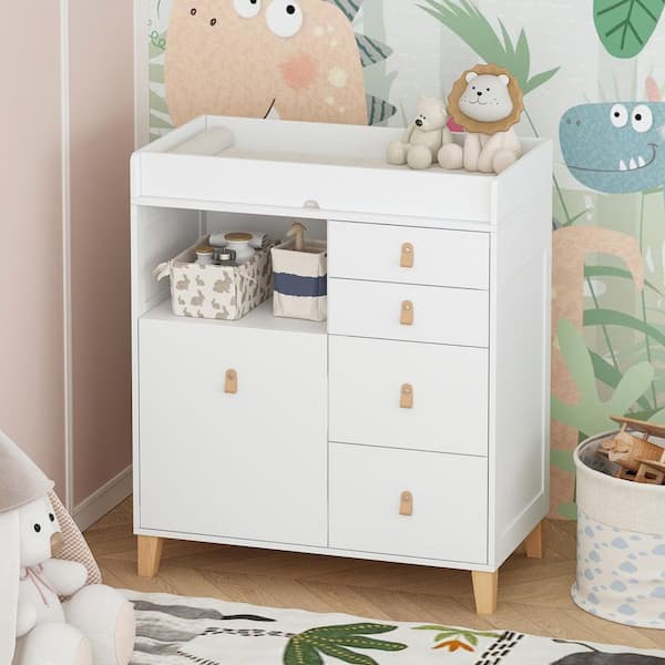 White Wood Nursery Changing Table with Recessed Top, 5-Drawers and Cabinet Storage