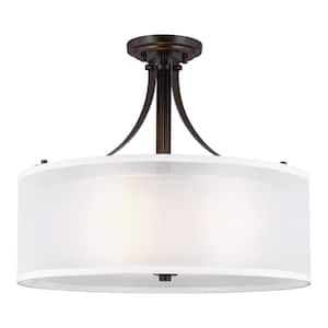 Elmwood Park 19 in. 3-Light Bronze Modern Transitional Semi-Flush Mount with Off White Organza Silk Shade