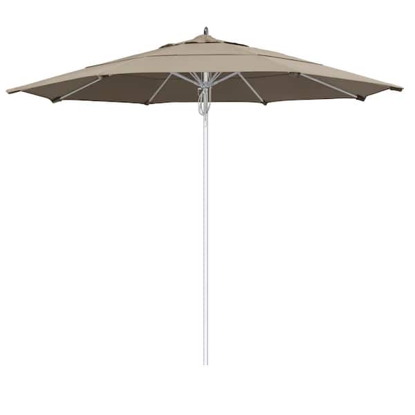 California Umbrella 11 ft. Silver Aluminum Commercial Market Patio Umbrella Fiberglass Ribs and Pulley lift in Taupe Sunbrella