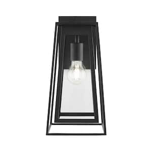 Bailey 14.25 in. Medium Modern 1-Light Black Hardwired Double Frame Outdoor Wall Lantern Sconce with Clear Glass