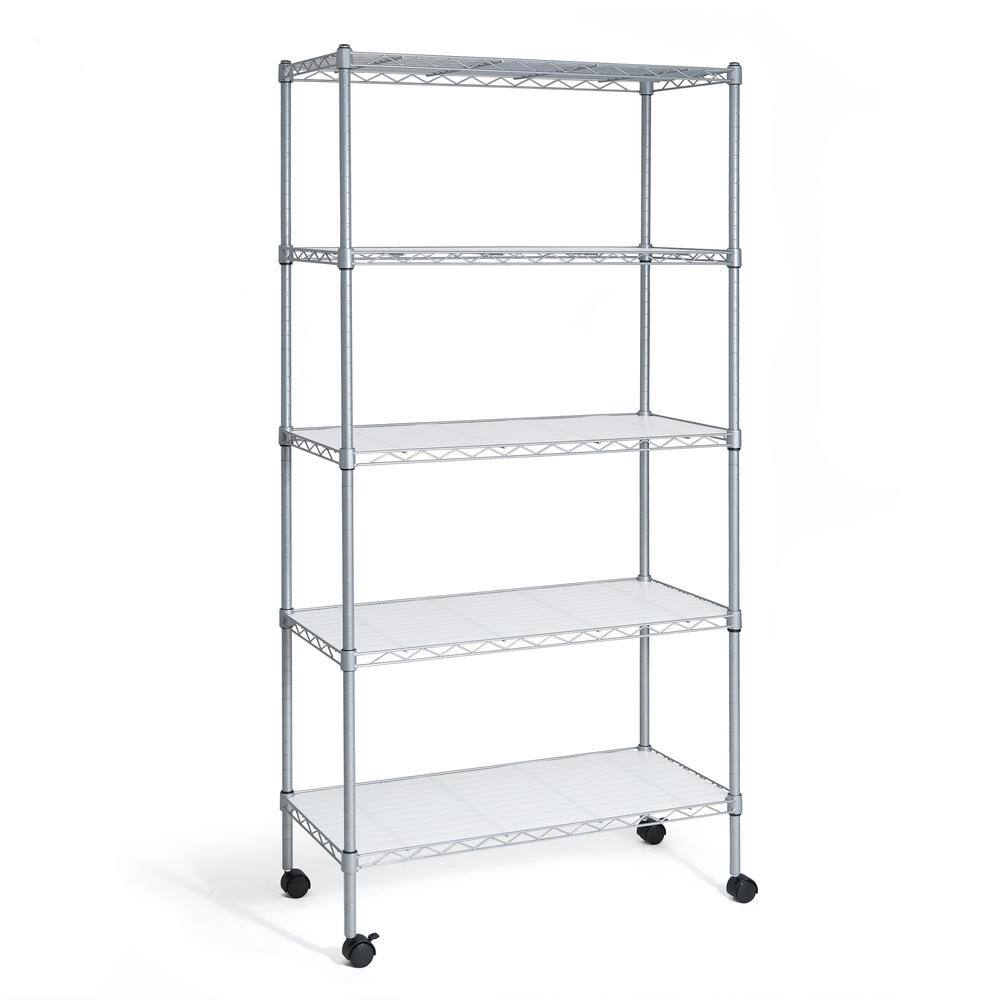 Silver 5-Tier Adjustable Steel Wire Shelving Unit with Wheels