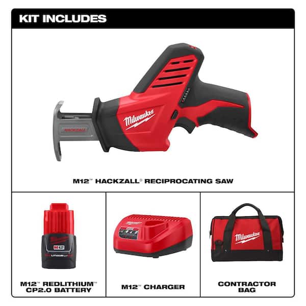 M12 12V Lithium-Ion HACKZALL Cordless Reciprocating Saw Kit with One 1.5Ah Battery, Charger and Tool Bag