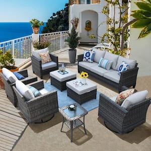 Megon Holly Gray 8-Piece Wicker Patio Conversation Seating Sofa Set with Gray Cushions and Swivel Rocking Chairs