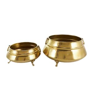 7 in. and 5 in. Small Gold Metal Hammered Pot Planter with Scrolled Feet and Ring Handles (2-Pack)