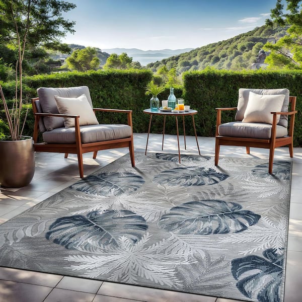 Jungle Blue 5 ft. x 7 ft. Washable Tropical Floral Indoor Outdoor Jungle Blue 5 ft. x 7 ft. Washable Tropical Floral Indoor Outdoor