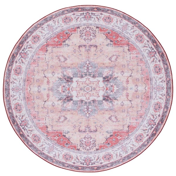 SAFAVIEH Tucson Rust/Beige 6 ft. x 6 ft. Machine Washable Distressed Floral Border Medallion Round Area Rug