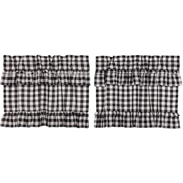 Annie Buffalo Check Black White Ruffled Cotton 36 in W. x 24 in. L Light Filtering Rod Pocket Window Panel Pair